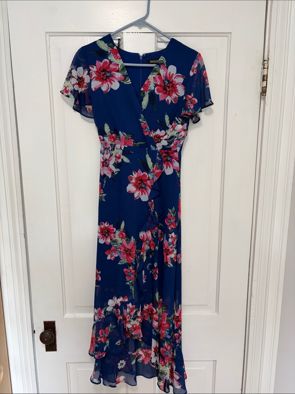 Kensie Royal Blue Floral Wrap Maxi Dress with Pink Flowers
